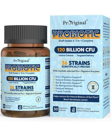 Probiotics for Women & Men 120 Billion CFU with 36 Probiotic Strains for Digestive Health and Gut Health Delayed Release Capsules Stomach Acid Resistant No Need for Refrigeration 30 Capsules 30 Count (Pack of 1)