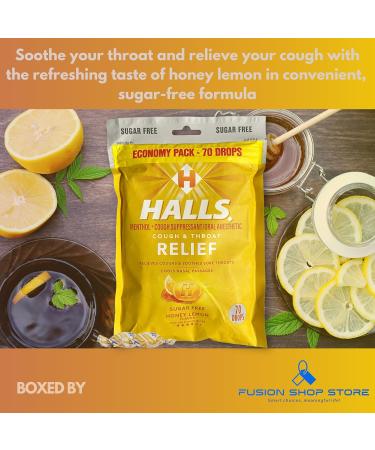 Halls Sugar Free Honey Lemon- Relief Cough Drops Economy Pack 70 Drops (1 Pack) Set with Fusion Shop Store Box (1) Small Yellow - Buy Online on GoSupps.com