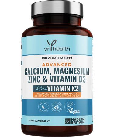 Calcium Magnesium Zinc and Vitamin D Plus Vitamin K2 MK-7 Tablets - Osteo Supplement - 180 Vegan Tablets not Capsules - Made in the UK by YrHealth
