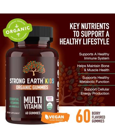 Strong Earth Organic Multivitamin Gummies for Kids | Immune Support Chewable Vitamins A C D3 E B6 & Zinc | Berry Flavor | 60 Count - Buy Online on GoSupps.com