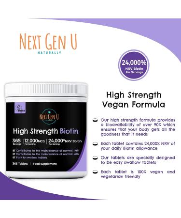Biotin Hair Growth Tablets 365 - 12,000mcg High Strength | Vegan Supplement for Hair, Skin, Nails | 1 Year Supply | Gluten Free - Buy Online on GoSupps.com
