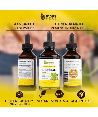 Maxx Herb Lemon Balm Extract - Max Strength Liquid Tincture Absorbs Better Than Capsules or Tea for Nervous System Support & Stress Management - Alcohol Free - 4 Oz Bottle (60 Servings) 1 Fl Oz (Pack of 1) - Buy Online on GoSupps.com