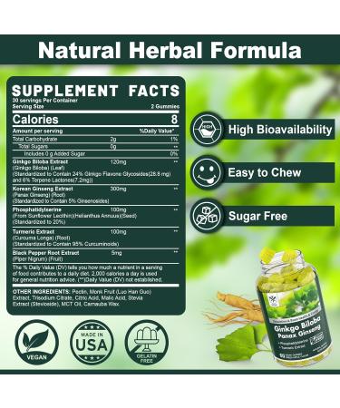 2 Pack Ginkgo Biloba 120mg Gummies | Memory & Focus Supplement with Panax Ginseng  Phosphatidylserine & Turmeric | Sugar Free | Brain Clarity & Energy Boost - Buy Online on GoSupps.com