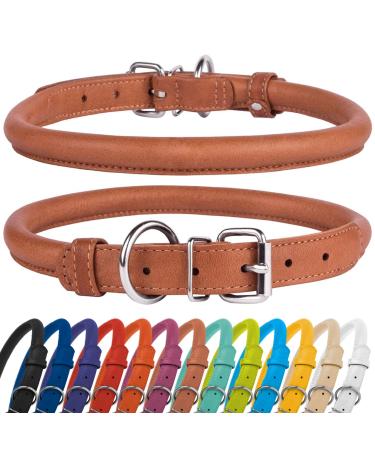 Collardirect round leather dog collar soft padded rolled handmade real leather collar for dog puppy cat small big black pink red purple blue brown 15-18 cm