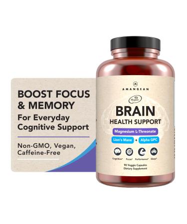 AMANDEAN Nootropic Brain Supplements for Memory and Focus Improves Mental Clarity and Cognitive Function Magnesium L-Threonate (Magtein) Lions Mane and Alpha GPC - (90 Veggie Capsules)