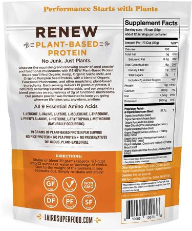 Laird Superfood Renew Plant-Based Protein Powder - 19g Protein, Vegan with Sacha Inchi Seed Protein, Mushrooms, 16 oz Bag - Unflavored - Buy Online on GoSupps.com