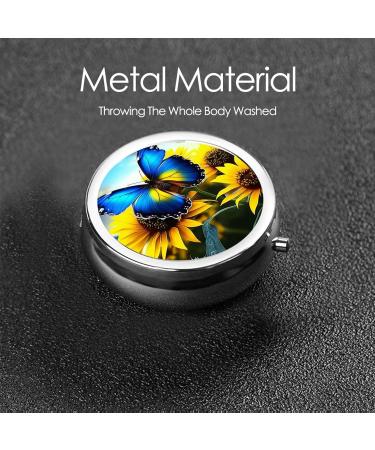 Sunflower Blue Butterfly Portable Metal Pill Box | Round Mini 3-Compartment | Ideal for Small Pills | Travel Essential - Buy Online on GoSupps.com