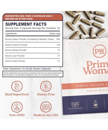 Primal Woman Beef Organ Supplement for Women - Heart, Liver for Women, Grass Fed, Pasture Raised Liver | Primal Beef Organ Capsules Woman (60 Capsules) - Buy Online on GoSupps.com
