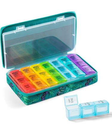 Weekly Pill Organizer 3 Times a Day | Travel Pill Case with Quilted Zipper Bag | 7 Day Vitamin & Medicine Organizer - Green Butterfly - Buy Online on GoSupps.com