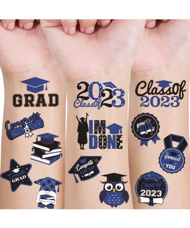 24 PCS Graduation Class of 2023 Temporary Tattoos Blue Grad Congrats Theme Tattoo Stickers for 2023 Graduation High School College Students Gift Body Decorations Graduation Party Favors