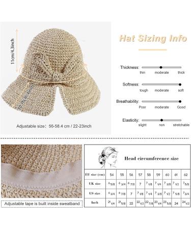 Women's Foldable Wide Brim Straw Beach Sun Hat with Bowknot - Adjustable Strap - Beige - Buy Online on GoSupps.com
