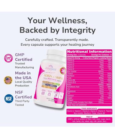 Zenzani Align & Shine Postnatal Vitamins for Women - DHA Iron Folate Vitamin B12 & Myo-Inositol | Postpartum Recovery - Breastfeeding Friendly - 1 Month Supply (60 Capsules) - Buy Online on GoSupps.com