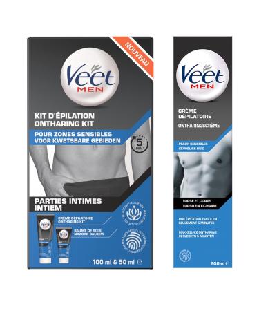 VEET MEN - Lot de 2 Cr mes D pilatoires Homme Peaux Sensibles - Corps & Torse 200ml - Parties Intimes 100ml avec Baume soin 50ml Lot 2 Cr mes D pilatoires Corps & Zone Intimes