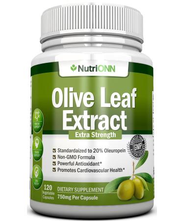 Olive Leaf Extract - 750 Mg - 120 Capsules - Extra Strength - 20% Oleuropein - Non-GMO Formula - Premium Quality from Pure Olive Leaves - Powerful Antioxidant - Great for Heart, Skin and Brain
