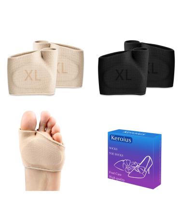 2Pairs Metatarsal Pads for Women Men Gel Sleeves Forefoot Cushion Pads Fabric Metatarsal Sleeve Pads with Gel Pads Ball of Soft Forefoot Cushions Socks Pain Relief (XL) Xl-1black+1beige