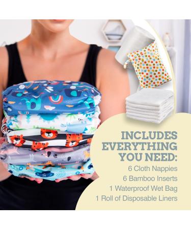 Eco-Friendly Reusable Cloth Nappies Set - 6 Washable Diapers, Bamboo Inserts, Biodegradable Liner, Wet Bag - Chemical-Free Baby Care - Buy Online on GoSupps.com