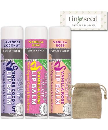 Vegan Lip Balm Set - Variety Pack of 3 Soothing Touch Lip Balms. Includes Bonus Muslin Pouch (3 x 4 in). Unique Gift Bundle from Tiny Seed (Lavender Coconut Vanilla Chai Vanilla Rose)