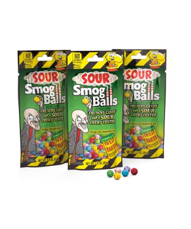 TOXIC WASTE | 3-Pack Bags of Sour Smog Balls | Deliciously Hard Candy with a Chewy Sour Center - 6 Flavors: Lime, Cherry, Strawberry, Lemon, Blue Raspberry, and Grape