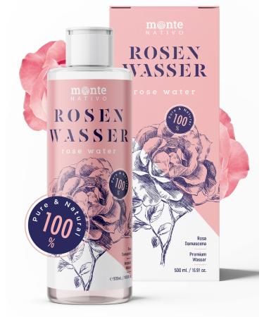 100% Pure Rose Water MonteNativo 500ml - 100% Natural and Pure Facial Skin Toner Natural Rose Hydrolat Tripple Purified Floral Rose Water