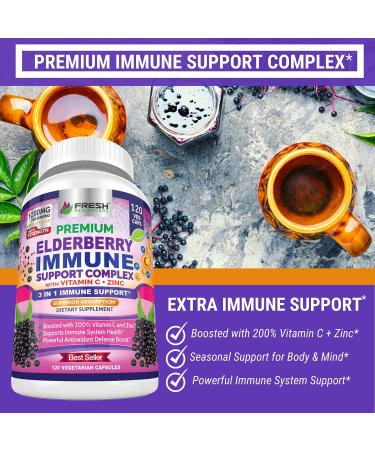 Premium Elderberry Capsules with Zinc, Vitamin C & Bioperine - 120 Vegan Sambucus Pills for Triple Immune Support - Buy Online on GoSupps.com