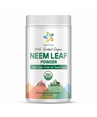 Organic Aura Neem Leaf Powder (Azadirachta Indica). 100% Pure Neem Raw and Green. USDA Certified Organic Neem for Immune Support Skin and Hair. Naturall Source of Antioxidants and Detox.