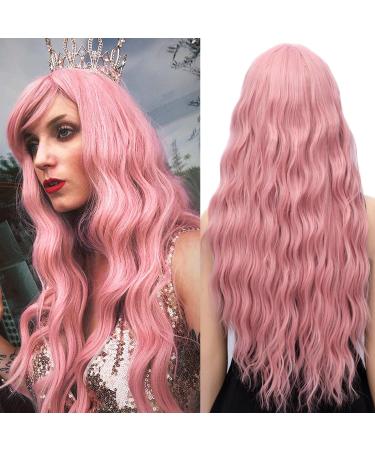 YEESHEDO 28 Inch Long Hair Pink Wigs for Women Natural Curly Wavy Synthetic Wigs with Fringe for Party Cosplay or Daily Wear