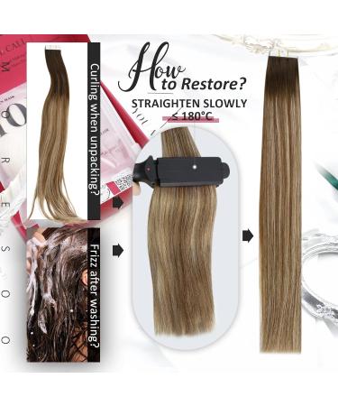 Moresoo 12 inch Tape in Human Hair Extensions Dark Brown to Medium Brown with Platinum Blonde Highlights #4/6/613 - 20 Pieces/30g Real Hair Tape Extensions - Buy Online on GoSupps.com