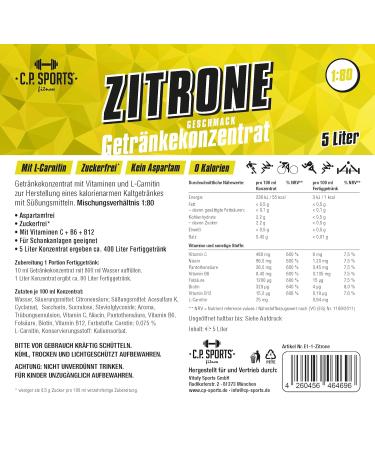 C.P.Sports Sugar-Free Beverage Syrup - Lemon Flavor 5L Concentrate for Sports Drinks with Vitamins + Pump Dispenser | International Shipping Available - Buy Online on GoSupps.com