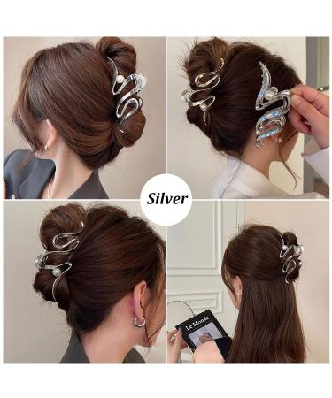 2Pcs Metal Hair Claw Clips - Ribbon Pearl Designs - Geometric Hair Clamp - Trendy Hair Grip - Party Hair Accessories for Women - Sliver Gold - Buy Online on GoSupps.com
