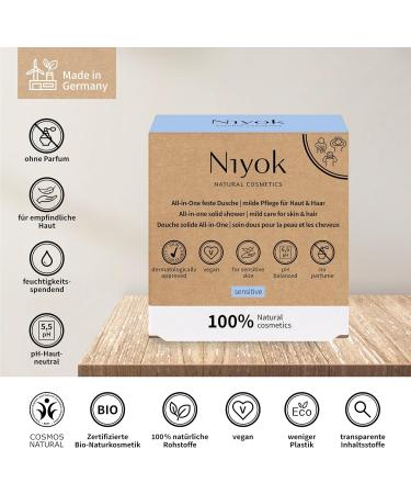 Niyok All-in-One Shower Skin + Hair Skin-Neutral pH 5.5 Vegan Plastic Free Natural Cosmetics without Plastic Like Shower Soap for Men Organic Sensitive (80 g) - Buy Online on GoSupps.com
