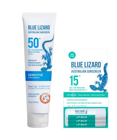 Bundle of BLUE LIZARD Sensitive Mineral Sunscreen with Zinc Oxide Sensitive SPF 50 5 Fl Oz + 3-Pack Blue Lizard Mineral SPF 15 Lip Balm:Natural Coconut Flavor Each Tube 0.13 oz.