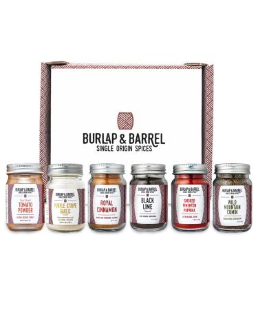 Burlap & Barrel Single Origin Spice Gift Box - 6pk Spice Gift Set - As seen on Shark Tank! 6 Full Size Jars Including: Purple Stripe Garlic, Black Lime, Royal Cinnamon, Smoked Pimentn Paprika 6pk w/Garlic