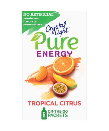 Crystal Light Pure Energy Tropical Citrus Naturally Flavored Powdered Drink Mix with Caffeine & No Artificial Sweeteners (48 ct Pack, 8 Boxes of 6 On-the-Go Packets)