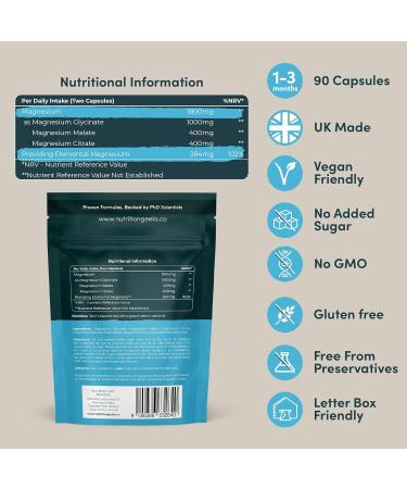 Magnesium Glycinate 3-in-1 Complex - 1800mg Supplements as Bisglycinate Citrate & Malate 90 Vegan Capsules Triple High Absorption 384mg Elemental UK Made - Buy Online on GoSupps.com