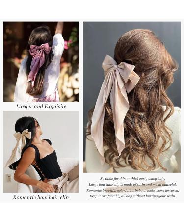 Satin Hair Barrettes Clip for Women - 4 PCS Large Bow Hair Slides in Pink Green Yellow Champagne - French Barrette with Long Tail - Soft Plain Color Bowknot Hairpin for 90's Style Accessories - Buy Online on GoSupps.com