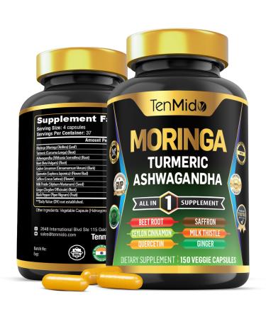 Tenmido Moringa Oleifera Supplement for Men and Women 10in1 Formula with Turmeric Ashwagandha Ceylon Cinnamon Beet Root Saffron & More - Energy Immune Support - Nutrient Rich - 150 Capsules
