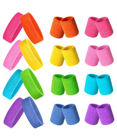 24 Pieces 80s Neon Sweatbands Set, Include 8 Sports Headbands and 16 Sweat Wristbands Elastic Athletic Sweat Bands Bulk for Man Woman 80s Party Bright Colors
