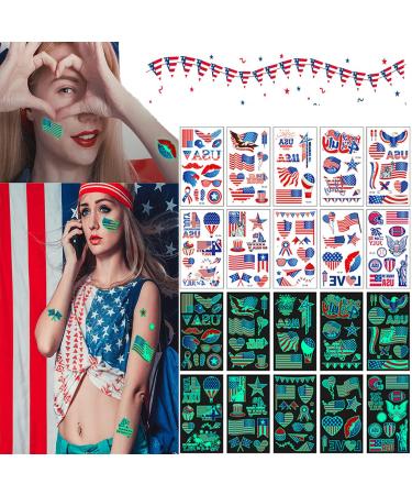 beiling Luminous Independence Day Temporary Tattoos Stickers  10 Sheets Fluorescent Tattoo Stickers for July Fourt  Holiday Celebration Activity Glow in the Dark Men Women Kids Fake Body Art Decors