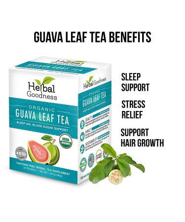 Organic Guava Leaf Tea for Sleep Aid, Metabolism Support, Hair Re-Growth, Skin & Nails - 100% Pure, Kosher, Made in USA - 24 Teabags - Buy Online on GoSupps.com