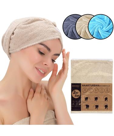 Emmy Home Hair Turban - 100% cotton 2 pieces of hair cloth quick drying turban towel hair with button hair towel hair tewel hair (2 -Set beige) beige x2