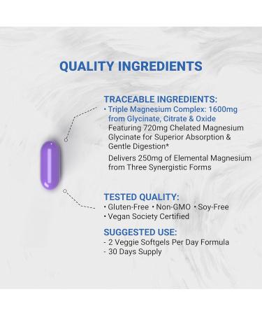 Naturalis Vegan Triple Magnesium Complex | Chelated Glycinate Citrate & Oxide 1600mg Delivers 250mg Elemental Magnesium | Easily Absorbed for Stress Muscle Heart Bone Support* | 60 Softgels 60 Count (Pack of 1) - Buy Online on GoSupps.com