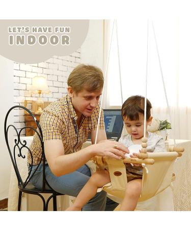 BBkids Canvas Baby Swing with Safety Belt - Indoor/Outdoor Wooden Hammock Hanging Seat Chair for Kids, Cream - Buy Online on GoSupps.com