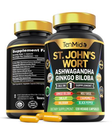 Tenmido St.John's Wort Supplement - 8in1 Formula - Combine with Ashwagandha Ginkgo Biloba Shilajit Valerian Holy Basil Chamomile and Black Pepper - 120 Vegan Capsules for 4 Months Supply