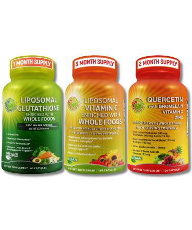 SUPPLEMENTS STUDIO High Absorption Antioxidant & Immune Support Bundle Liposomal Vitamin C 1500mg + Glutathione 500mg + Quercetin with Bromelain Zinc & Whole Food Blend Vegan Non-GMO Capsules