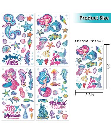 Whaline Mermaid Temporary Tattoos for Kids - Glitter Mermaid Waterproof Body Stickers - Ocean Theme Party Decoration - 8 Sheets - Buy Online on GoSupps.com