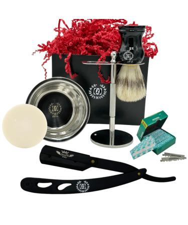 Men Straight Razor Set with Disposable Blades Beard Lineup Shapeup Classic Shavette 100 Blades Replacement Brush Shave Stand and Shave bowl and Soap (Black)