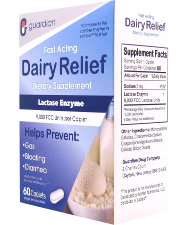 Guardian Dairy Relief Fast Act Caplets 9000 FCC Lactase Enzyme (60 Caplets) - Buy Online on GoSupps.com