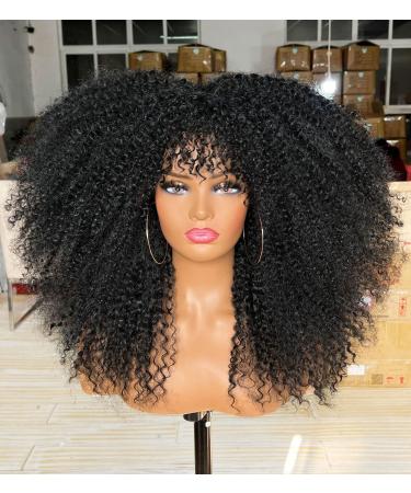 Sweece Long Curly Afro Wig With Bangs for Black Women Afro Bomb Kinky Curly Hair Wig Full and Soft Synthetic Wigs 18 Inch(Black) 17 Inch Black