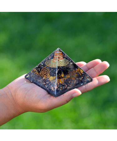 Orgonite Crystal Triple Protection Pyramid | Black Tourmaline Tiger Eye & Hematite | Flower of Life for Luck & Prosperity | International Shipping - Buy Online on GoSupps.com
