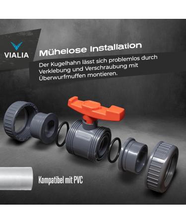 VIALIA PVC Kugelhahn 63mm - Double Union Shut-Off Tap for PVC Pipes | Ideal for Pool Pond Construction & Aquaristics | International Shipping Available - Buy Online on GoSupps.com